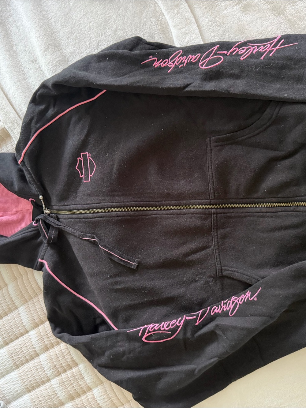 Harley-Davidson Black Zip Front Hoodie with Pink Trim & Logo